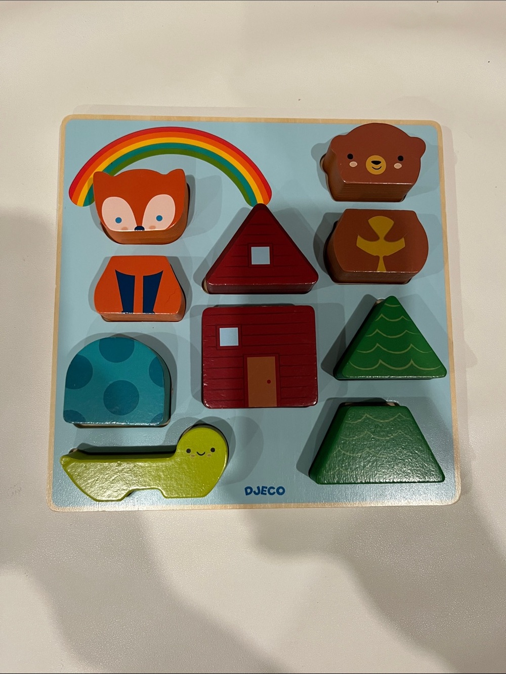Djeco Kids Wooden Animal & Shape Puzzle - Green, Red, Orange, Blue